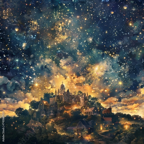 A dreamlike vista where a quaint village meets the dazzling expanse of the starry night sky, merging reality with fantasy.