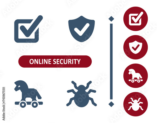 Online security icons. Internet security, virus, antivirus, checkmark, secure, shield, trojan horse, spider, bug icon