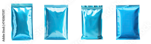 shiny blue aluminum stand up packaging pouch with zipper , foil bag, isolated on a transparent background. PNG cutout or clipping path.	
 photo