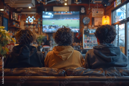 back view of, Young male friends watching football match on TV photo