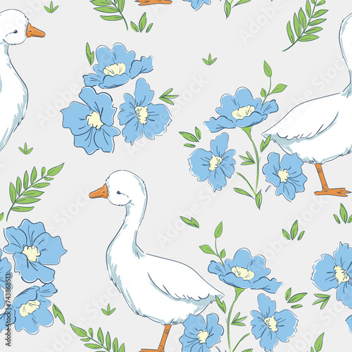 Seamless pattern hand drawn cute goose and flowers vector illustration. Print design for textiles