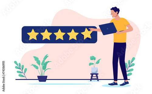 Customer satisfaction - Person with computer giving positive review and feedback with five star rating, feeling satisfied over digital service. Full score concept in flat design vector illustration