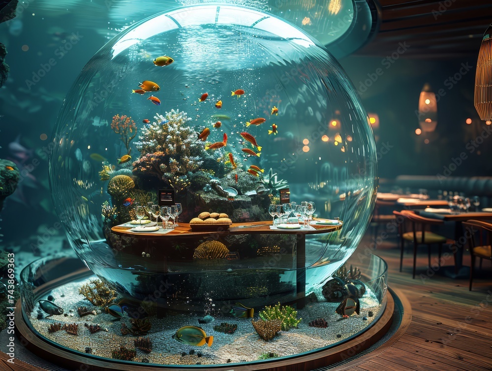 Underwater restaurant serving Fish and Chips surrounded by marine life in a 3D rendered bubble