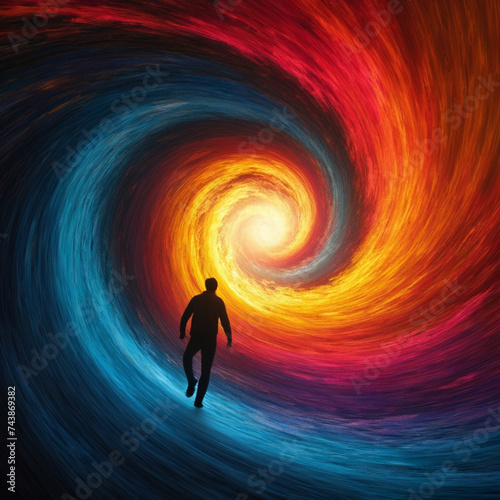 An explosion of vibrant chaotic colors in a frenzied vortex a lone human figure At the center of the vortex the colors merge and transform creating a feeling of disorientation and nausea