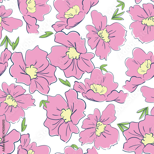 Hand Drawn pink flowers background seamless pattern vector illustration