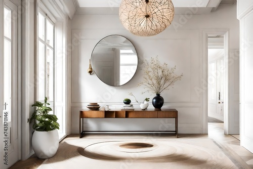 A minimalist foyer with a statement art piece, a slim console table, and a round mirror