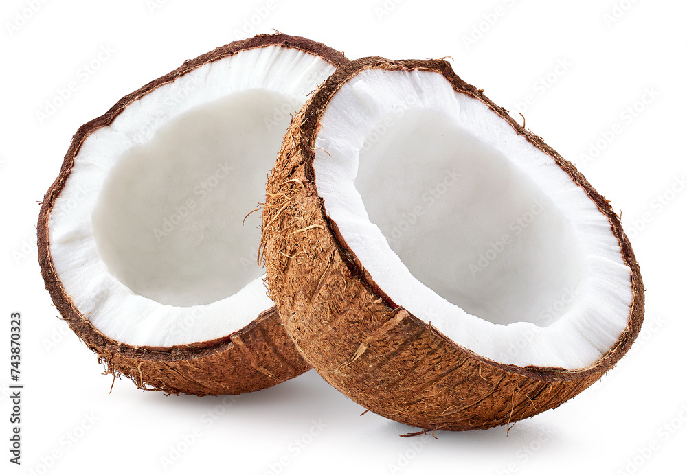 Two fresh ripe coconut halves on white background Two fresh ripe coconut halves on white background