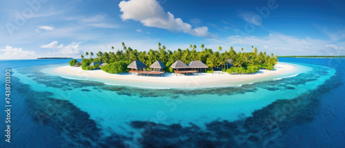 beautiful view of tropical island of Maldives with traditional wooden resort buildings, blue sky, expanse of sea, shallow clear water and coconut trees created with Generative AI Technology © AstraNova