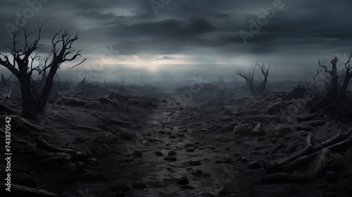 a view of barren land with dead trees and a dark atmosphere