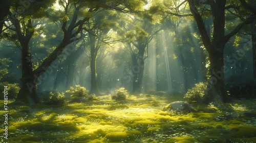 An enchanting forest scene with sunlight filtering through the dense canopy, casting dappled shadows on the moss-covered ground below photo