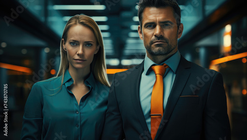 business couple handsome man and beautiful woman standing together in dark cyan and orange clothes in dark modern office building with strong facial expressions