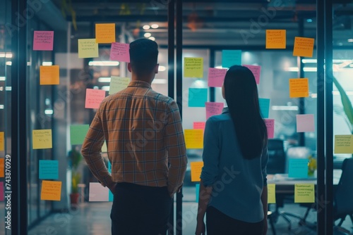 Creative professionals standing and reflecting on ideas presented on sticky notes in a chic urban office. 8k © Muhammad
