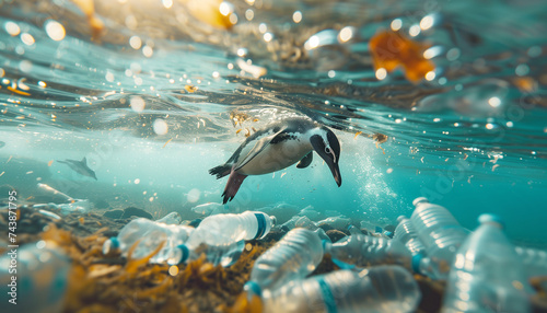 Lonely penguin swimming cold Antarctic sea waters over bottom with plastic bottles waste. Beauty in Nature  ocean pollution   Marine pollution  Plastic pollution and NO PLASTIC Ecology concept image.