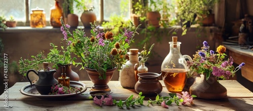 Arrangement of herbal elements on table, including tea and tincture. © Emin