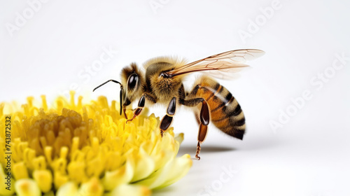 macro close-up Honey bee collecting nectar on yellow flower isolated on white background  photo