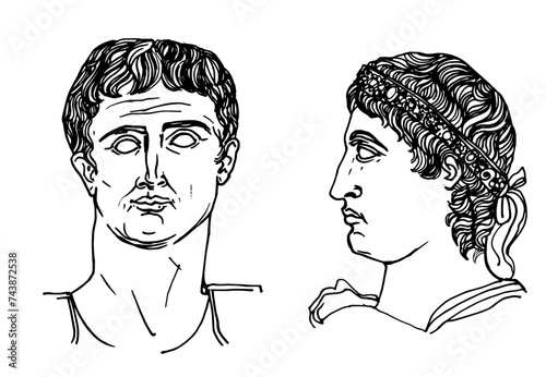 Ilustración lineal del busto de una estatua romana. Retrato de perfil y de frente del primer emperador de roma caesar augustus 