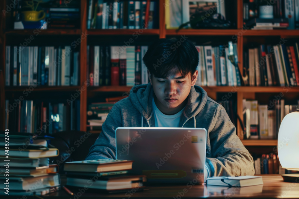 Young Man Using Laptop Computer at Table. Generative AI Young Man Using Laptop Computer at Table. Generative AI