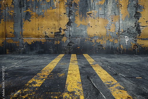 yellow and black road paint safety theme backdrop, concrete