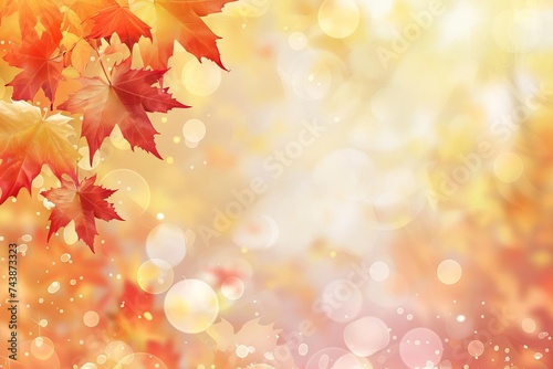 Autumn themed web banner Red and yellow maple leaves against a soft light bokeh background Seasonal promotion