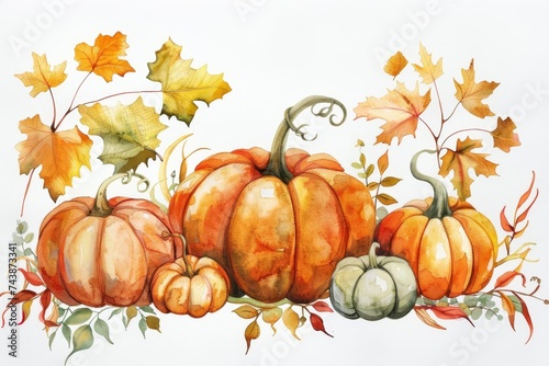 Autumn watercolor illustration with leaves and pumpkins. seasonal frame for festive occasions
