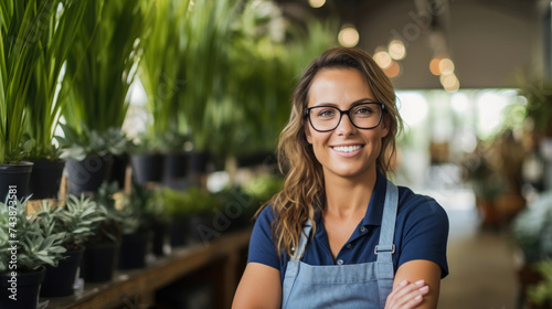Smiling young woman small business owner wearing glasses and blue apron in green plant shop with white natural lighting created with Generative AI Technology photo