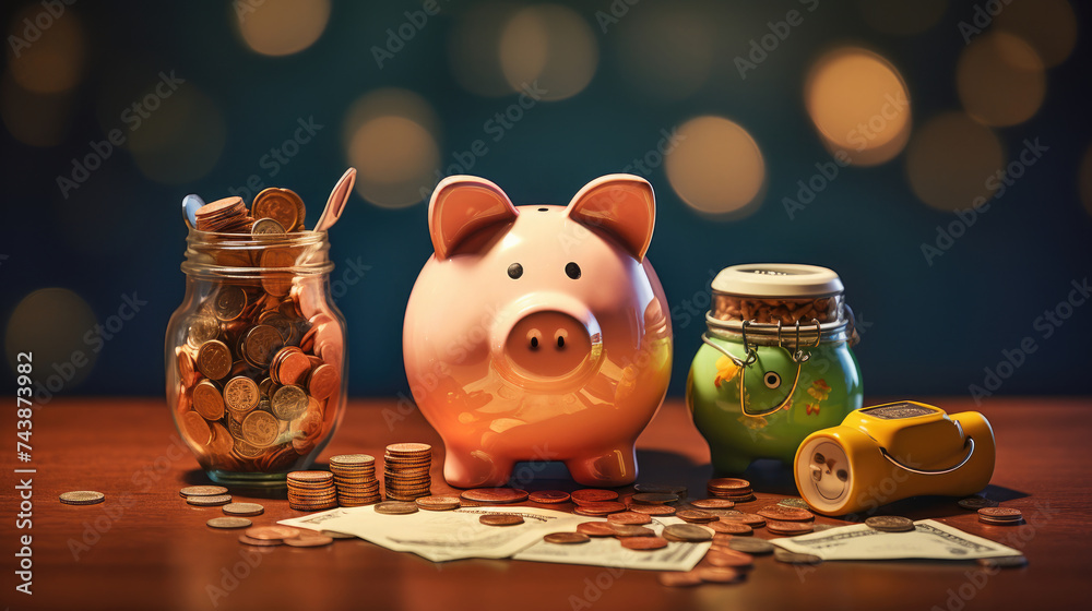 Piggy bank with gold coins around it for money, family planning income and expenditure budget table created with Generative AI Technology - obrazy, fototapety, plakaty 