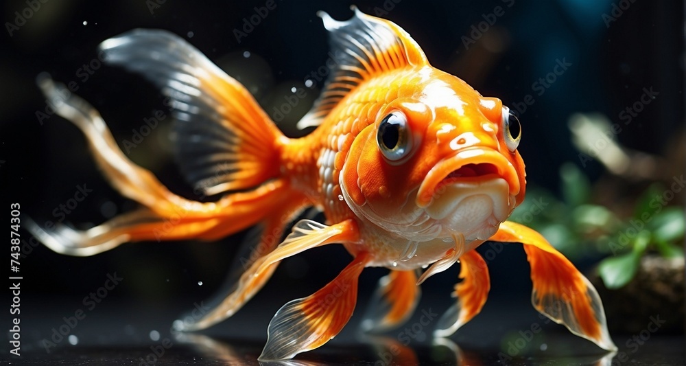 Showcase the exquisite beauty of a goldfish in a close-up image, highlighting the fine details of its flowing tail, gracefully arched body, and reflective scales-Ai Generative