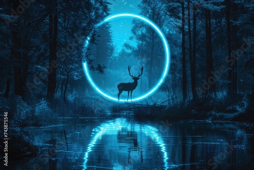 Abstract futuristic night forest scene with neon lights and deer.