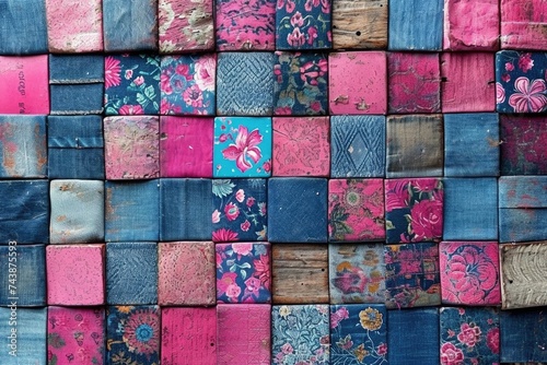 An artistic wall created by repurposing old jeans and featuring a colorful display of blooming flowers
