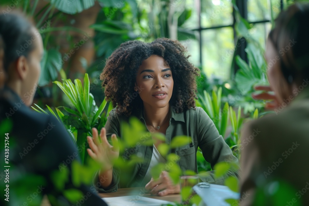 Leading woman in environmentally conscious, sustainable workplace debating green project ideas with coworkers. Leading woman in environmentally conscious, sustainable workplace debating green project ideas with coworkers.