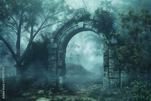 into the deep woods  atmospheric landscape with archway and ancient trees  misty and foggy mood © darshika