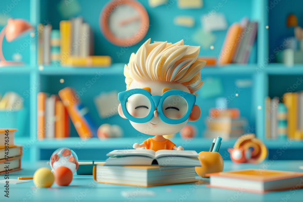 A 3D animated young boy with glasses deeply focused on reading a book in a vibrant, colorful study room.