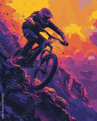 Mountain Biker Racing Downhill at Sunset, Vibrant Purple Tones 