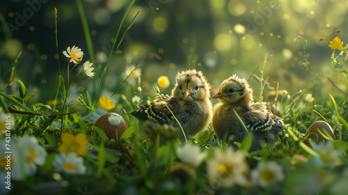 Easter eaggs between flowers in the spring grass, Ai generated Image