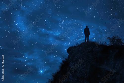 Man on rock watching stars in long exposure landscape.
