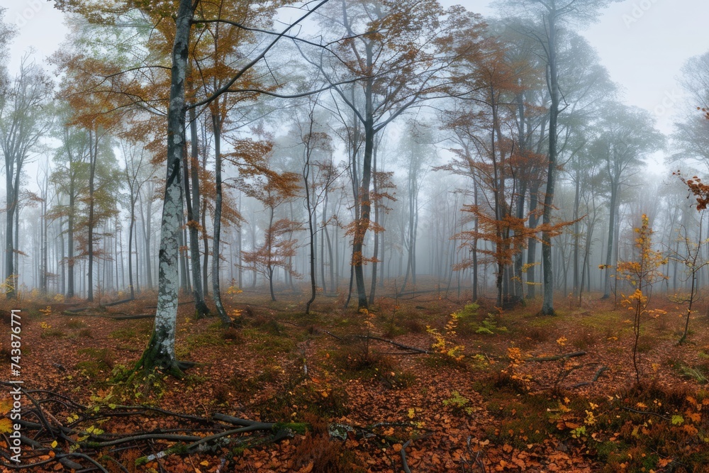 Misty  spooky forest in cold  foggy morning.