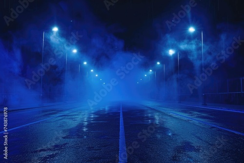 Rays spotlights light. Empty dark scene with blue light. Asphalt blue dark street with smoke.