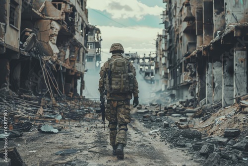 Lone soldier navigating through war-torn city. courage and resilience in conflict zones photo