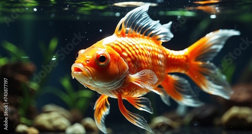 Create an ultra-realistic image of a goldfish in a crystal-clear aquarium, capturing the intricate details of its shimmering scales, delicate fins, and vibrant colors-Ai Generative