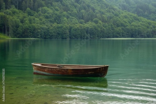 Serene lake scene with a solitary boat floating Surrounded by nature's quiet beauty