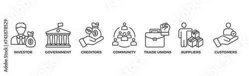 Stakeholder relationship banner web icon vector illustration concept for stakeholder, investor, government, and creditors with icon of community, trade unions, suppliers, and customers	