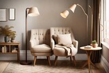 A cozy reading nook with a comfortable, neutral-toned armchair, a small side table, and a tall, slender floor lamp