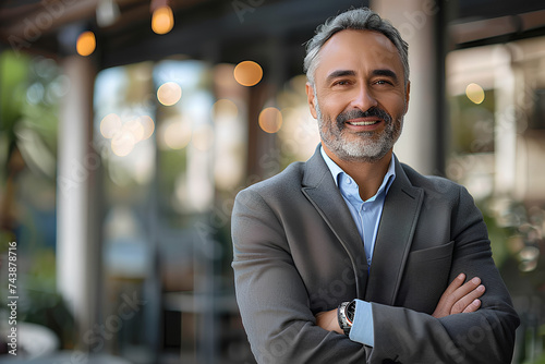 Happy middle aged business man entrepreneur looking at camera outdoors. Smiling confident mature businessman professional executive, successful lawyer wearing suit standing arms crossed, portrait.