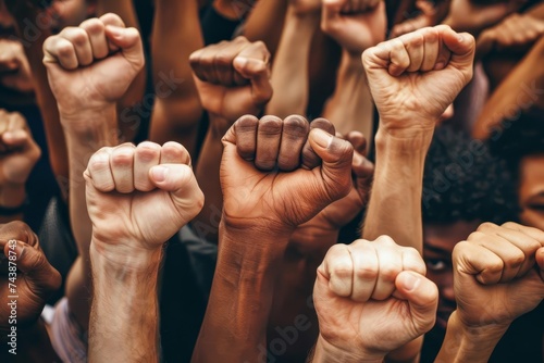 Unity in diversity Multi-ethnic group with raised fists symbolizing solidarity and collective strength