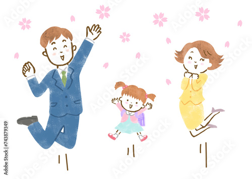 桜吹雪の中、入学式でジャンプする家族3人の手描きイラスト
