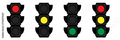 Set of Three Traffic Lights with all three colors on and single color on. Traffic light direction regulate safety symbol. Flat vector illustration isolated on white background.