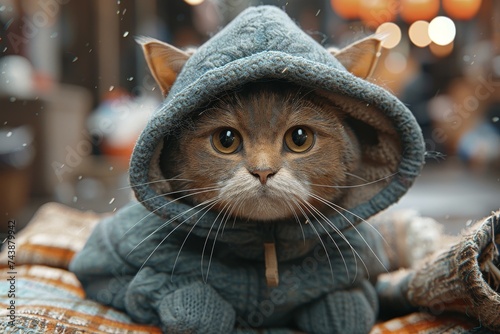 A fashionable feline dons a cozy hoodie, accentuating its gray fur and whiskers as it confidently struts both indoors and outdoors photo