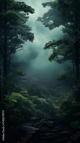 dark forest with thic fog wallpaper and background, mysterious misty forest with dark atmosphere photo