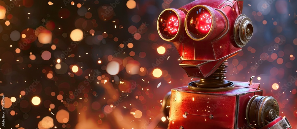 A striking close-up capture of a flashy, explosive old-fashioned red robot against a blurry backdrop.