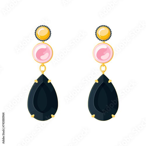 Golden earrings with pink pearl and black gemstone on a white background. Vector flat illustration jewelry accessories